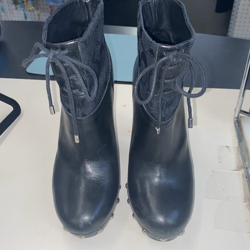 Coach Edna Black Leather Textile Lace Up Stilletto Boots 6.5B - Picture 2 of 4